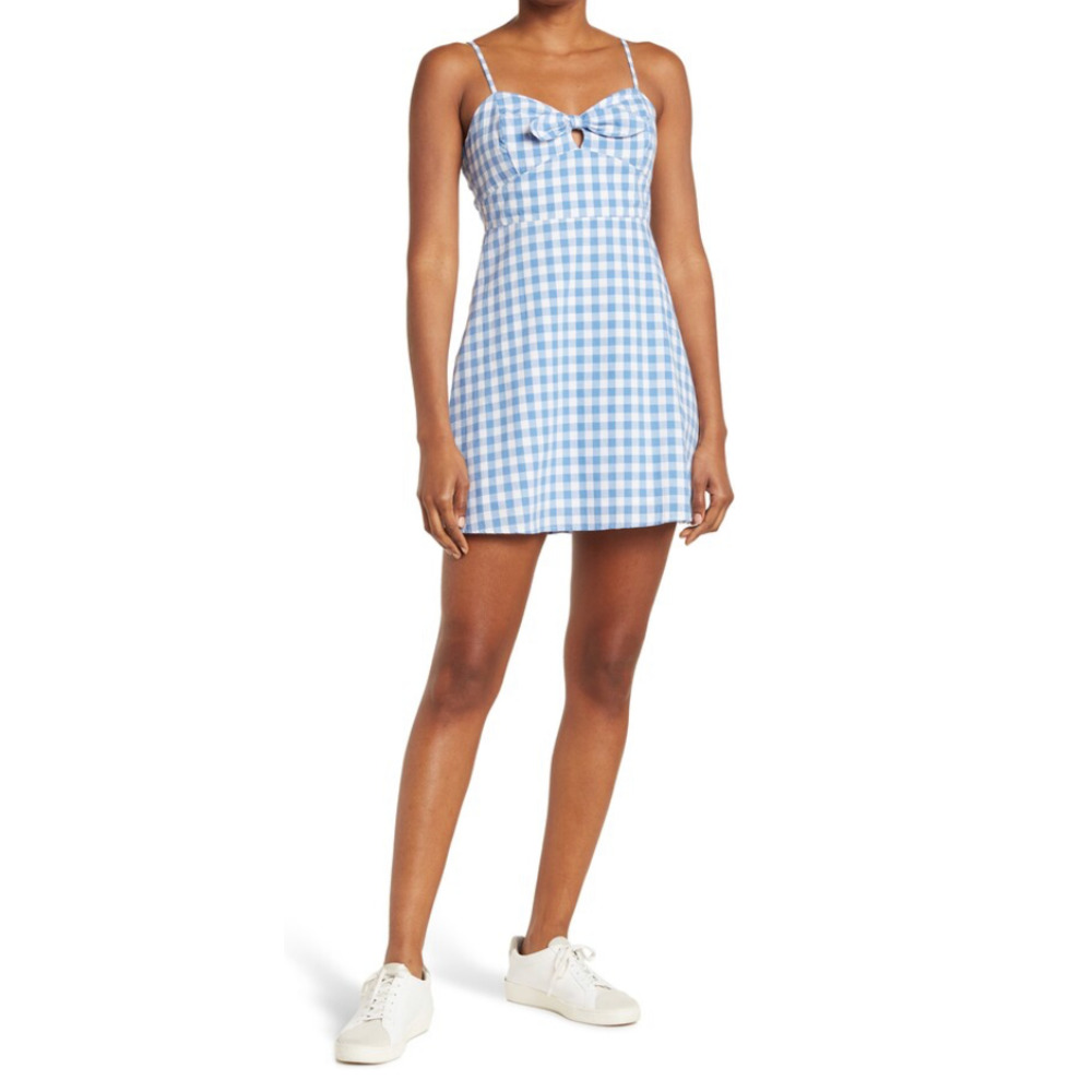Lumiere Anthropologie Gingham Print Tie Front Dress Blue & White Size Large NWT